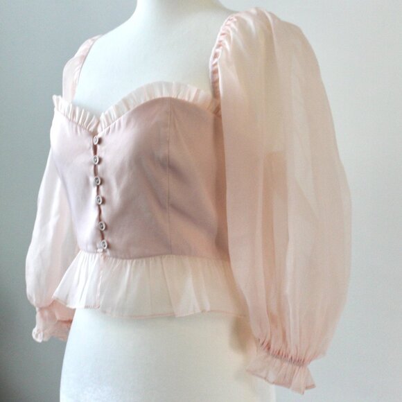 Vestique Coquette Light Pink Sheer Ruffle Crop Top Sweetheart Puff Blouse Small - Picture 3 of 12
